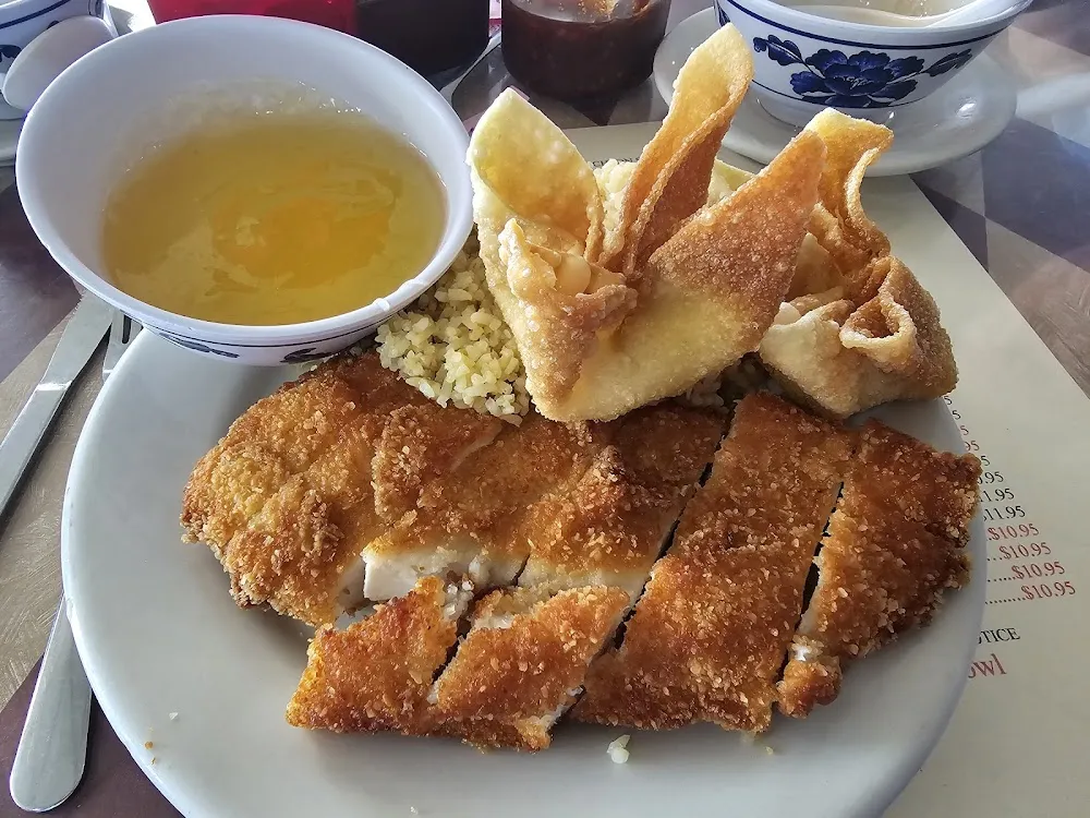 Lemon Chicken with Fried Rice and Crabmeat Rangoon